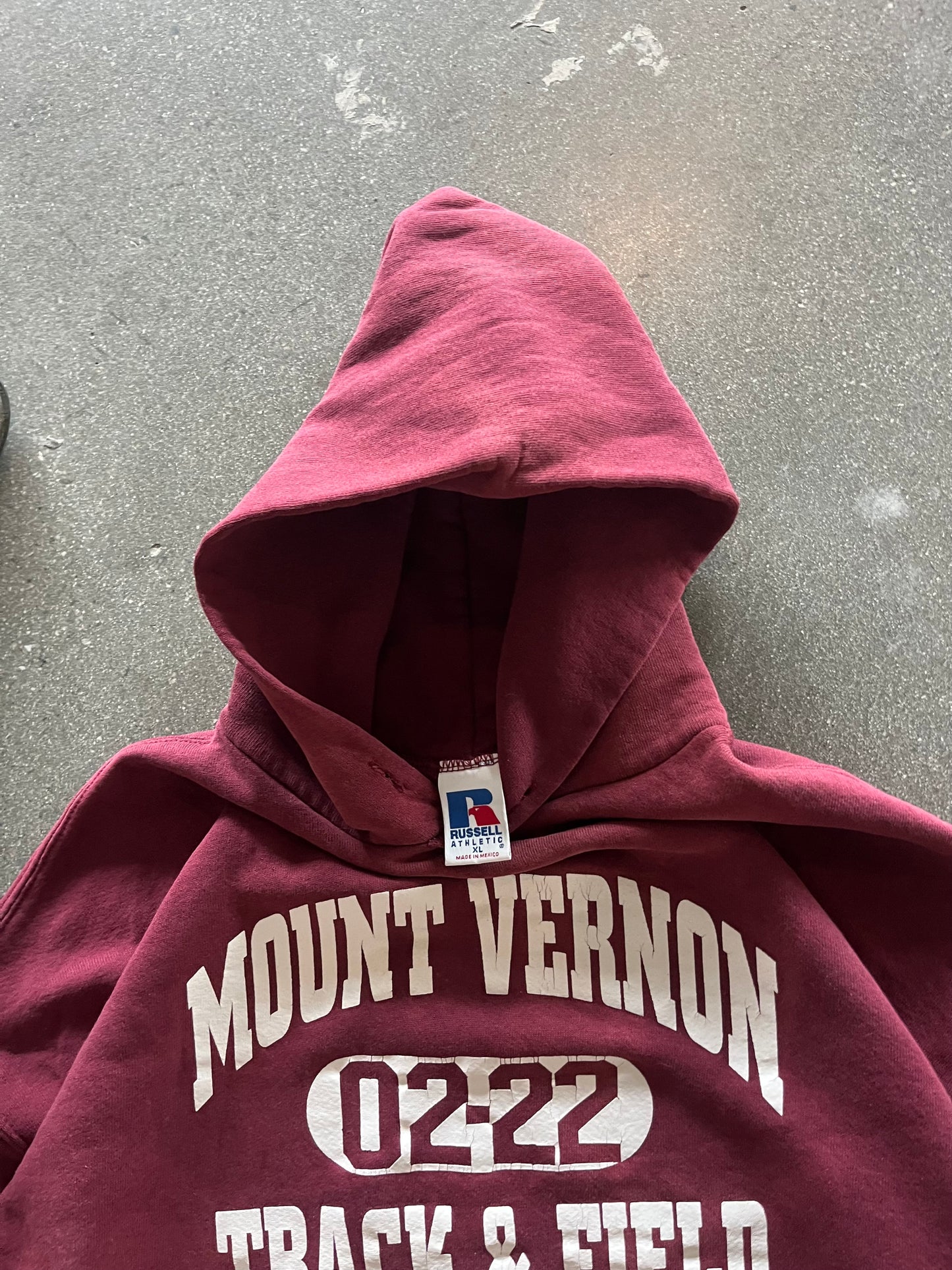 90’S SUNFADED CRANBERRY “MT. VERNON TRACK” RUSSELL HOODIE - BOXY XL