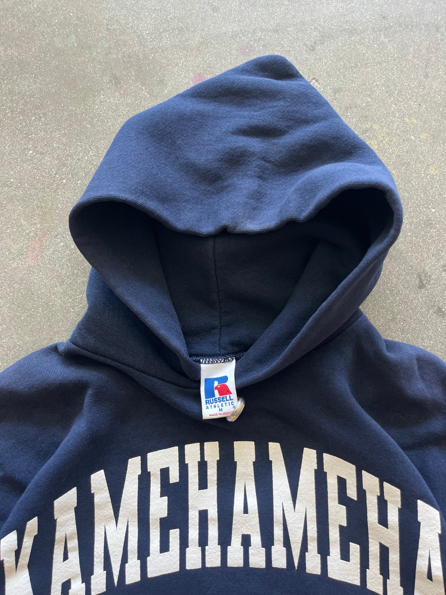 90’S NAVY “KAMEHAMEHA SOFTBALL” RUSSELL HOODIE - BOXY M