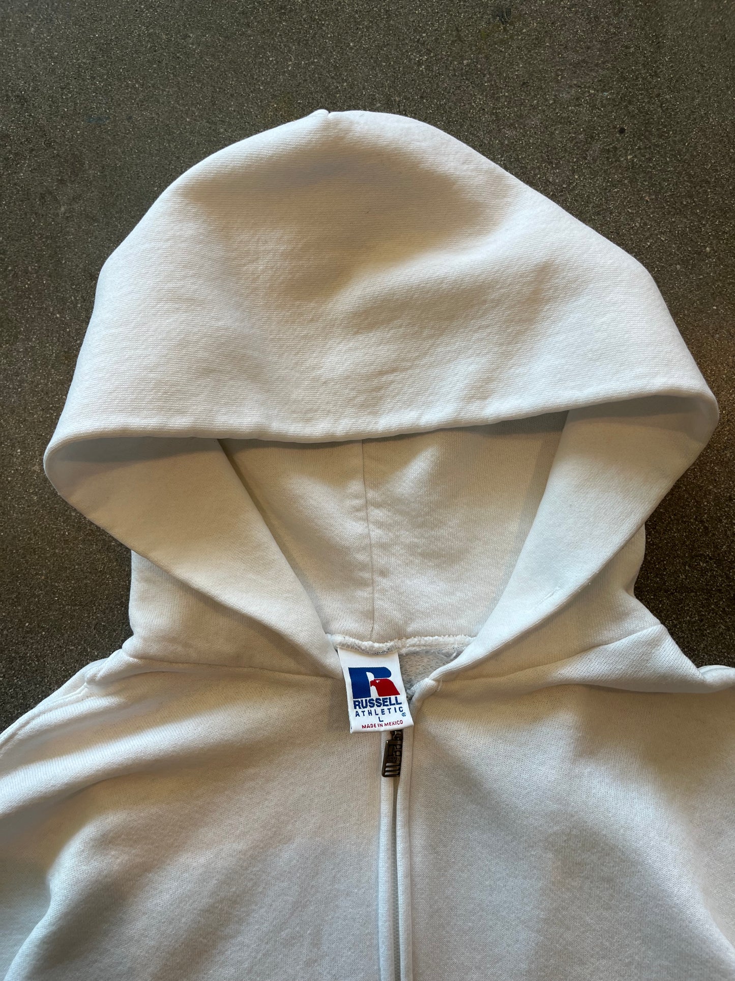 90’S IVORY WHITE RUSSELL ATHLETIC ZIP UP HOODIE - BOXY L