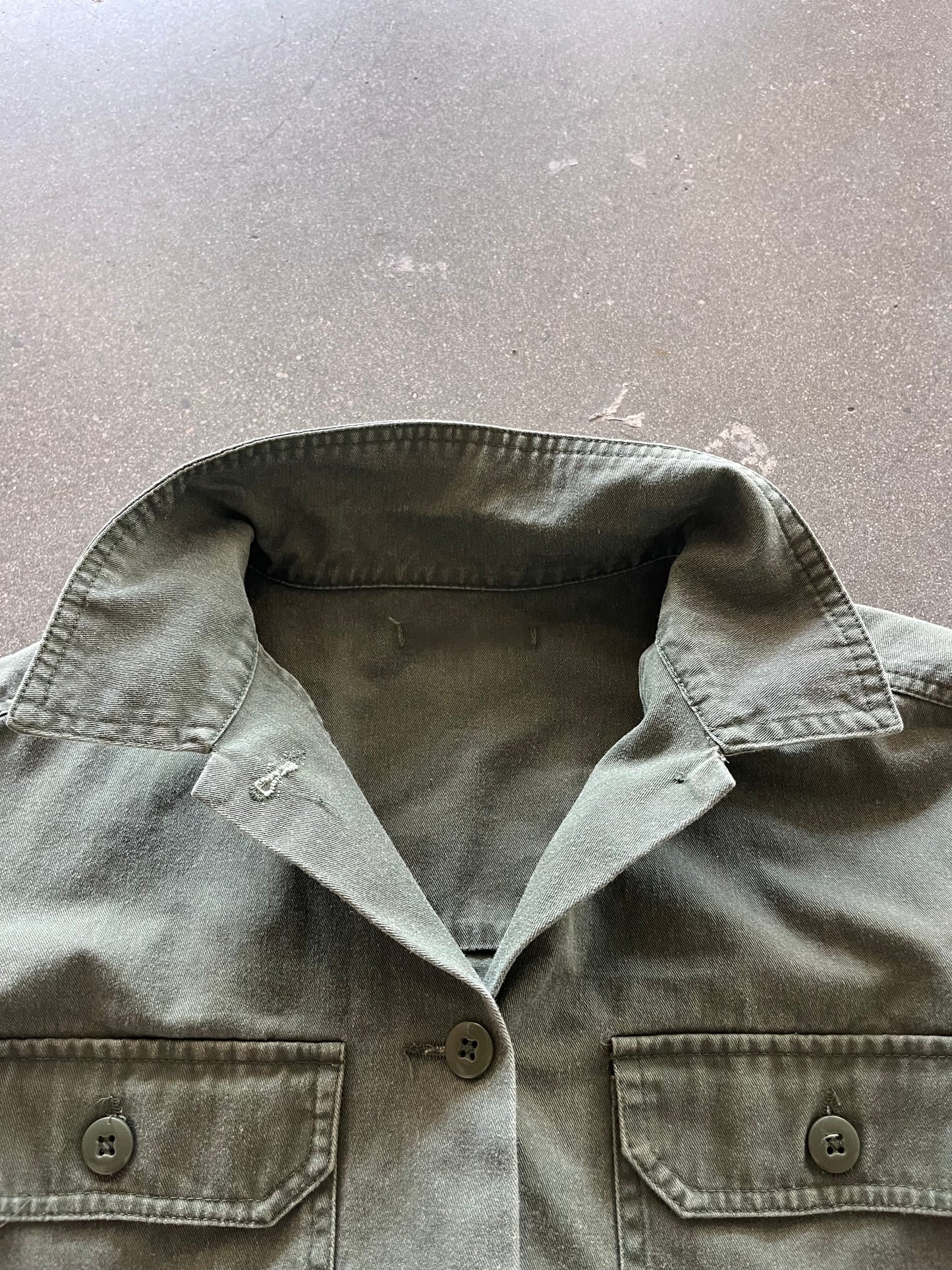 70’S GREEN ARMY FRENCH TWILL CHORE JACKET - BOXY S/M