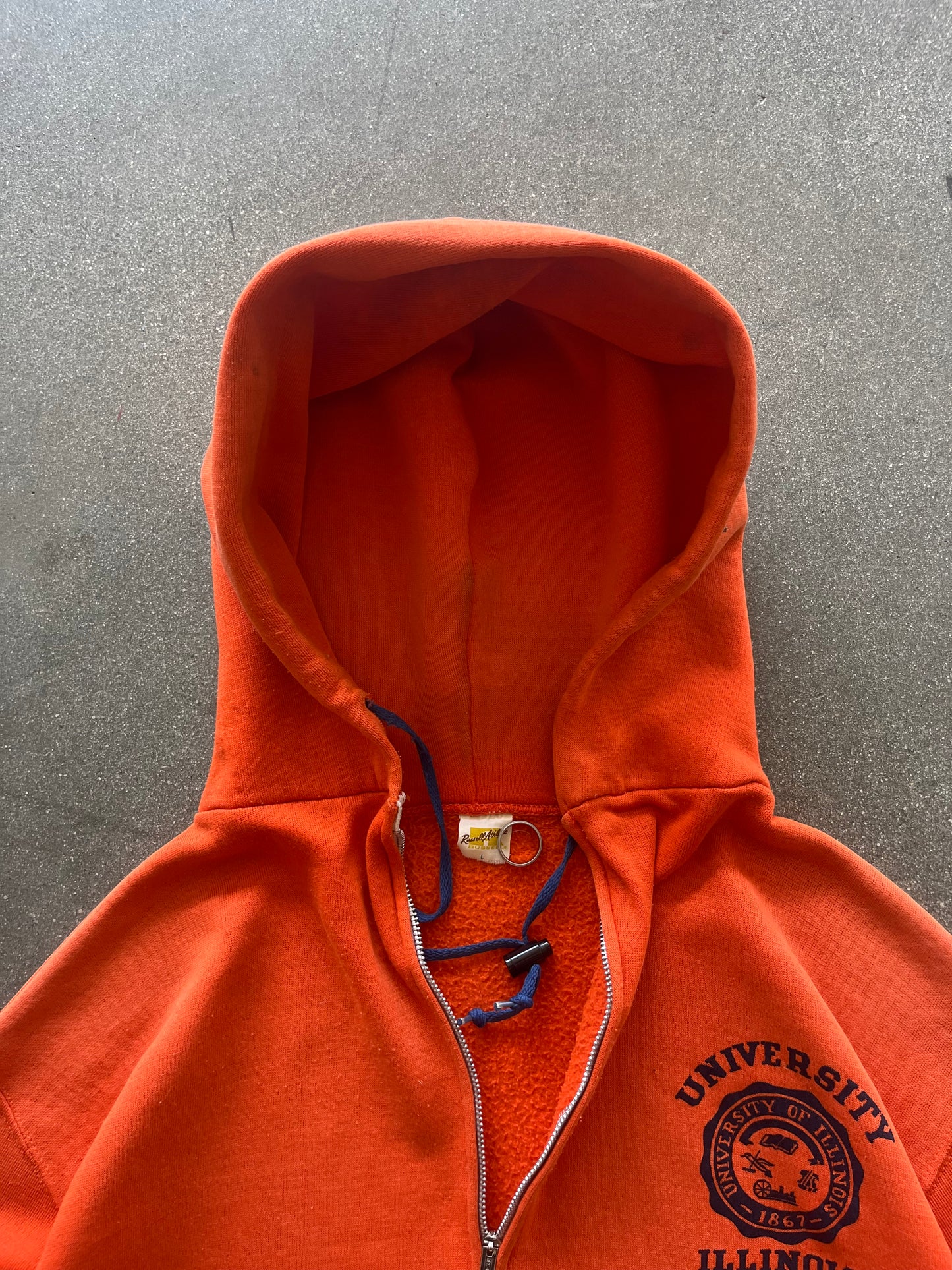 70’S FADED ORANGE “UNIVERSITY ILLINOIS” ZIP UP RUSSELL HOODIE - BOXY L