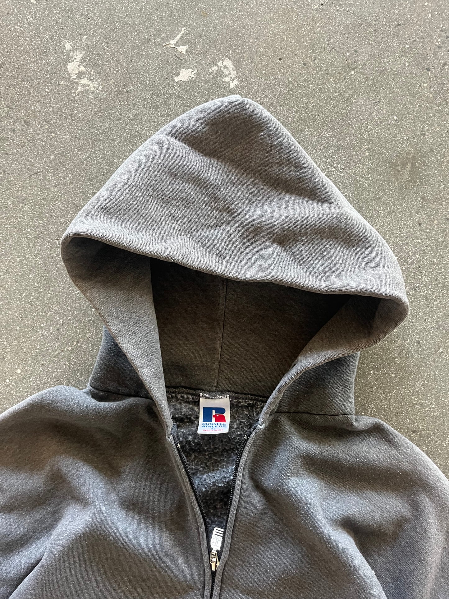 90’S CHARCOAL ZIP UP RUSSELL HOODIE - BOXY L/XL