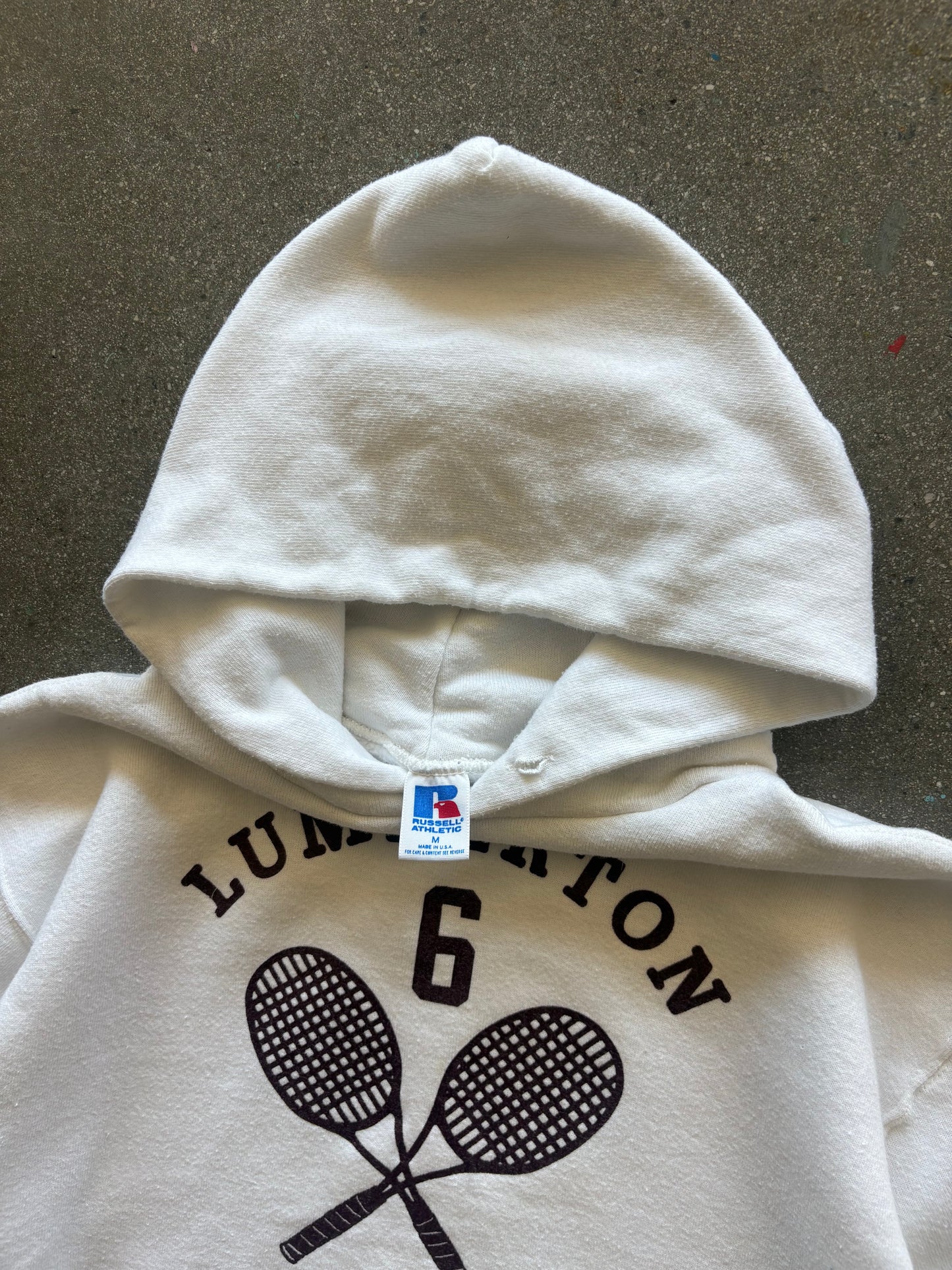 80’S WHITE “LUMBERTON TENNIS” RUSSELL HOODIE - S/M