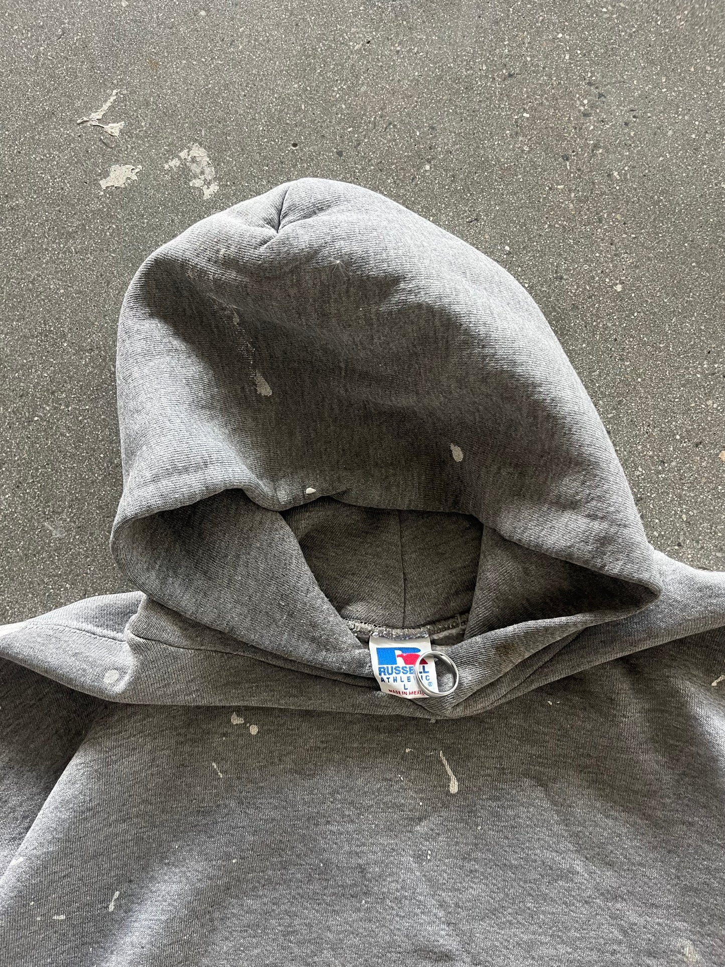 90’S PAINT SPLATTERED HEATHER GRAY RUSSELL HOODIE - BOXY L