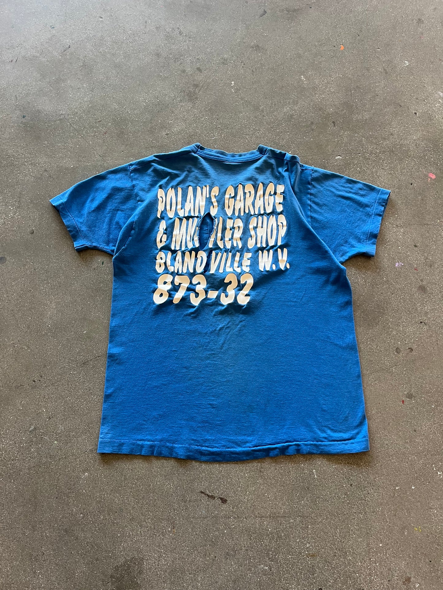 90’S FADED BLUE “POLAN’S GARAGE” POCKET TEE - M
