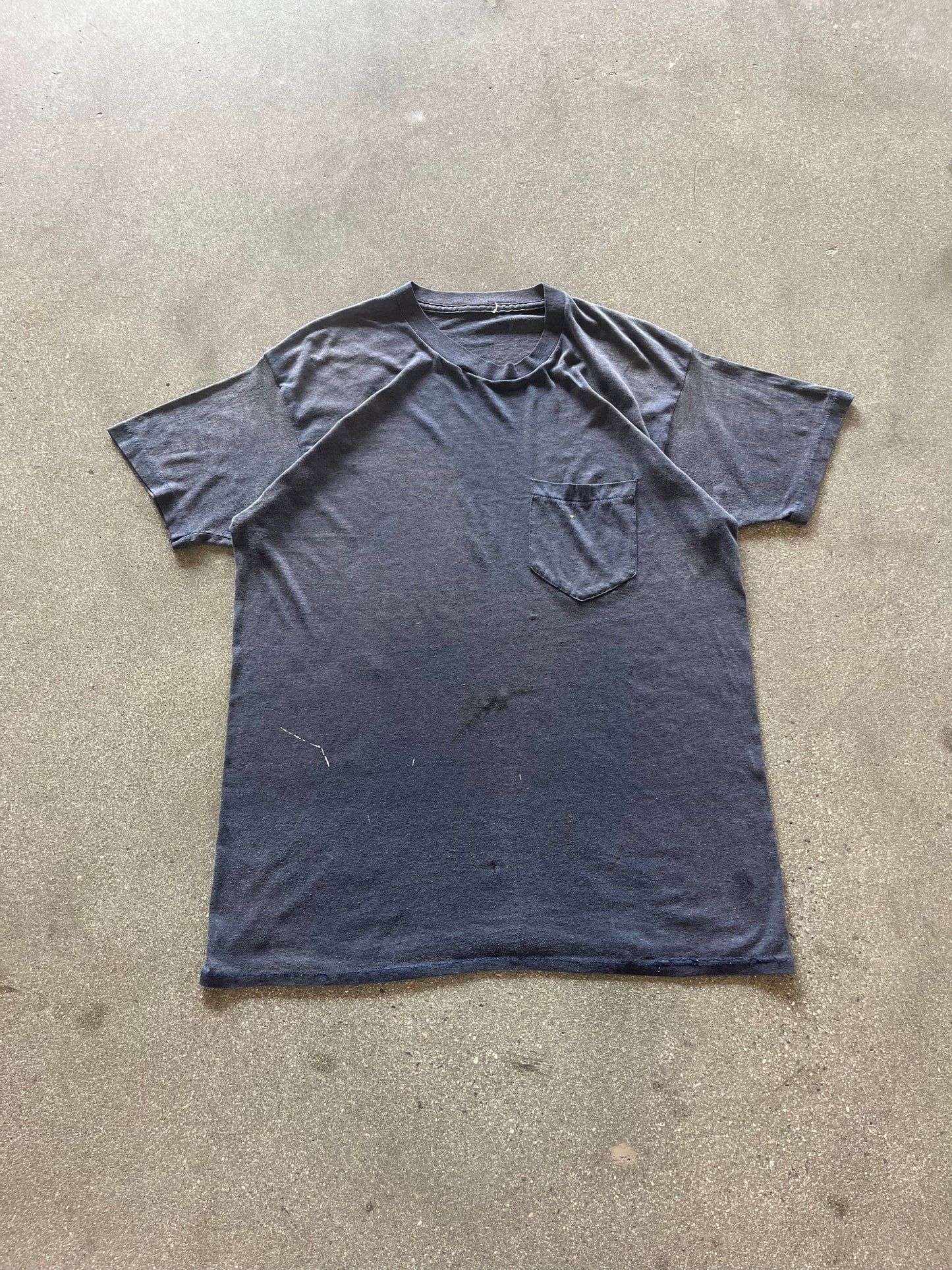 80’S FADED NAVY BLUE SELVEDGE POCKET TEE - L