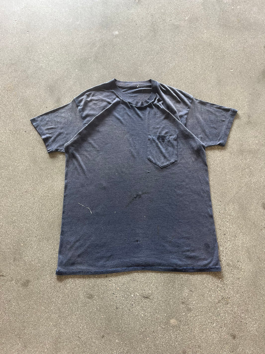 80’S FADED NAVY BLUE SELVEDGE POCKET TEE - L