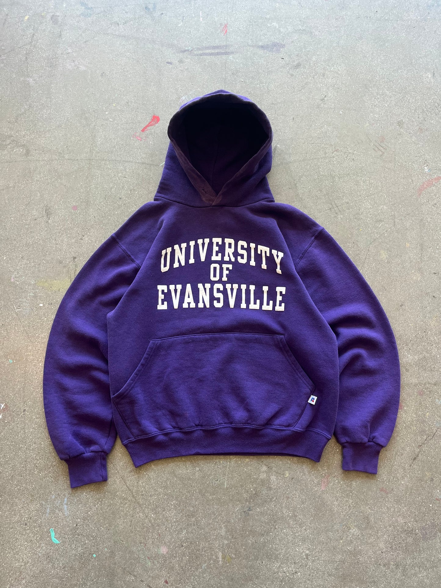90’S GRAPE “UNIVERSITY OF EVANSVILLE” RUSSELL HOODIE - BOXY S/M