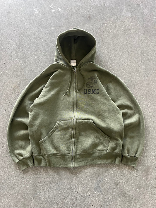 90’S MILITARY GREEN USMC ZIP UP HOODIE - BOXY L