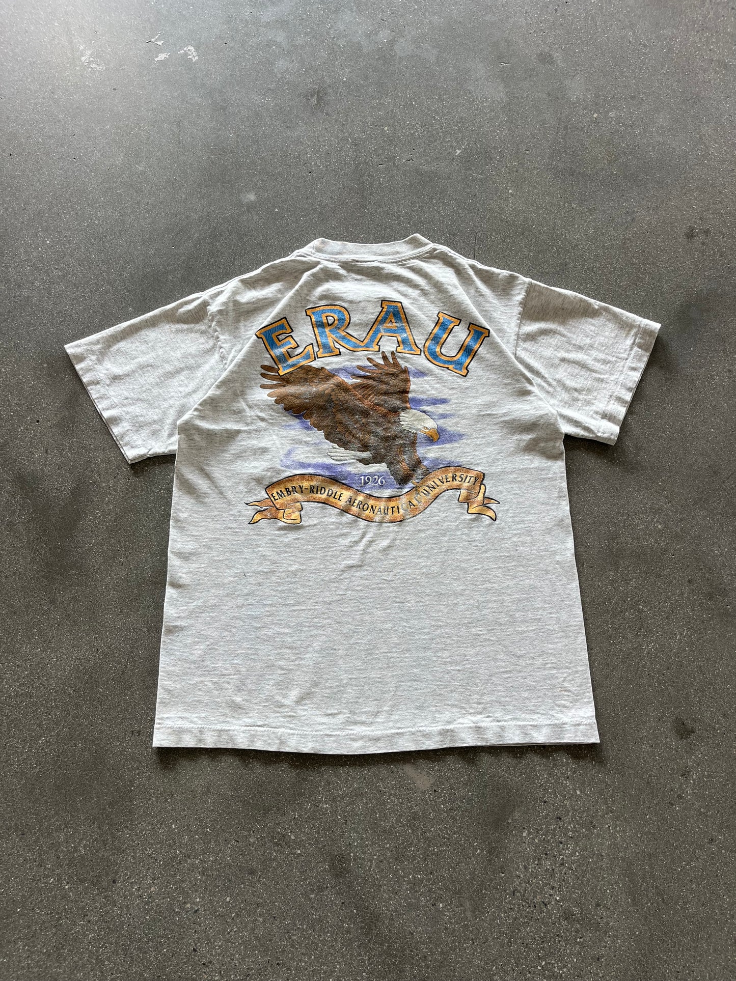 90’S HEATHER GRAY “EMBRY RIDDLE” POCKET TEE - M/L