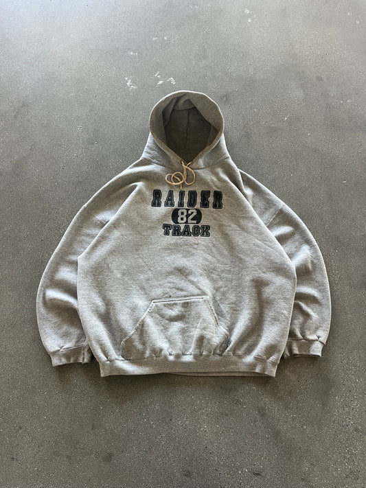 90’S HEATHER GRAY “RAIDERS TRACK” HOODIE - BOXY XL