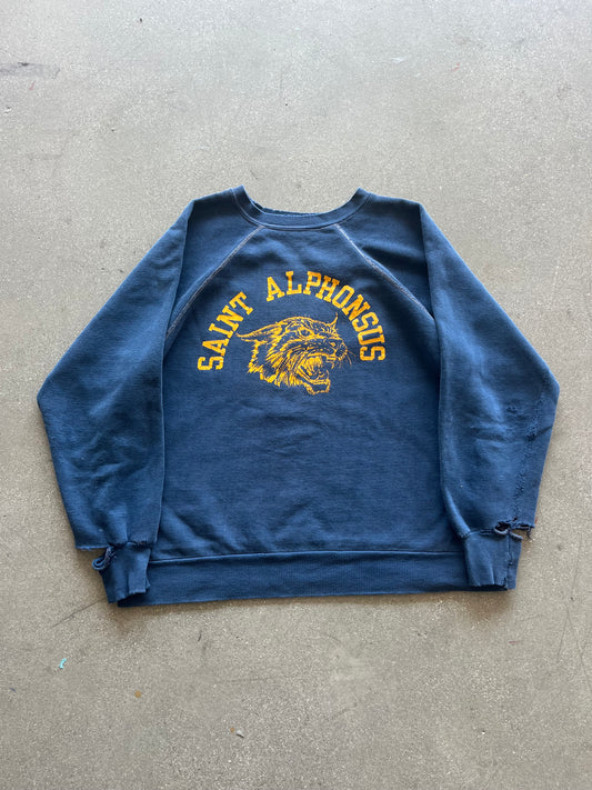 70’S NAVY “SAINT ALPHONSUS” DISTRESSEDRAGLAN CREWNECK - BOXY S/M