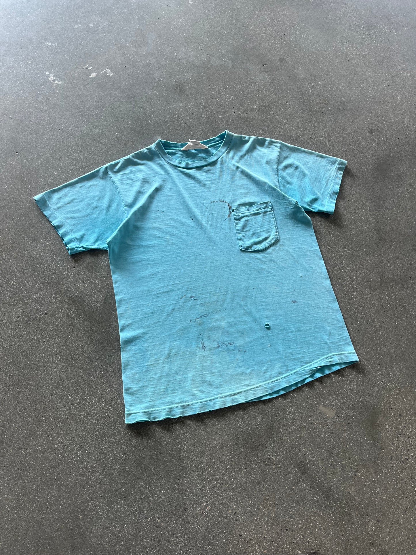 70’S THRASHED AQUA SELVEDGE POCKET TEE - L