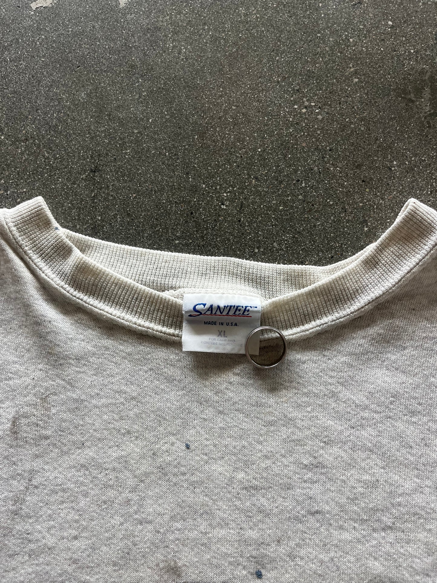 90’S PAINT SPLATTERED HEATHER GRAY “USMC” CREWNECK - BOXY XL