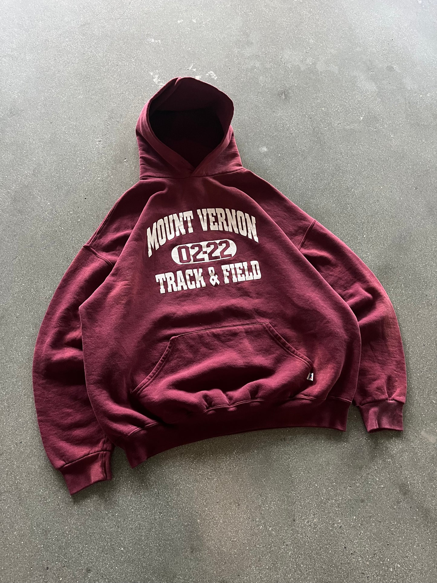 90’S SUNFADED CRANBERRY “MT. VERNON TRACK” RUSSELL HOODIE - BOXY XL