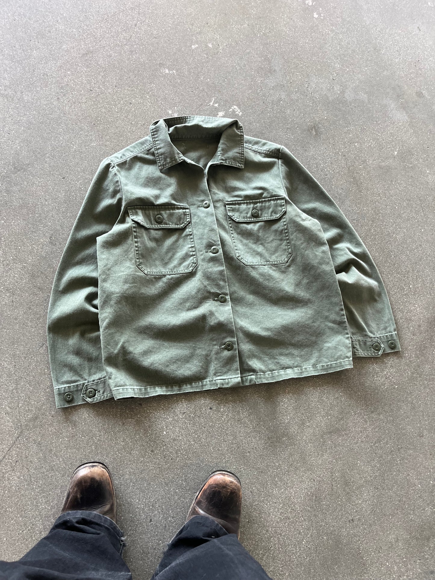 70’S GREEN ARMY FRENCH TWILL CHORE JACKET - BOXY S/M