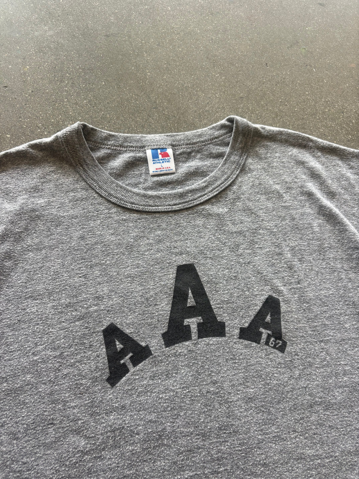 80’S HEATHER GRAY RUSSELL ARMY “AAA 67” TEE - BOXY L