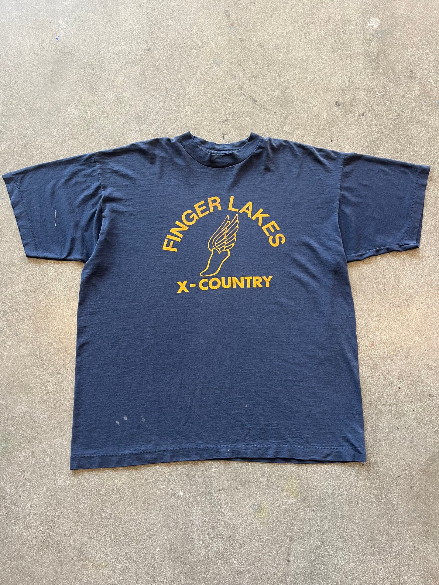 90’S NAVY “FINGER LAKES” TRACK TEE - BOXY L/XL