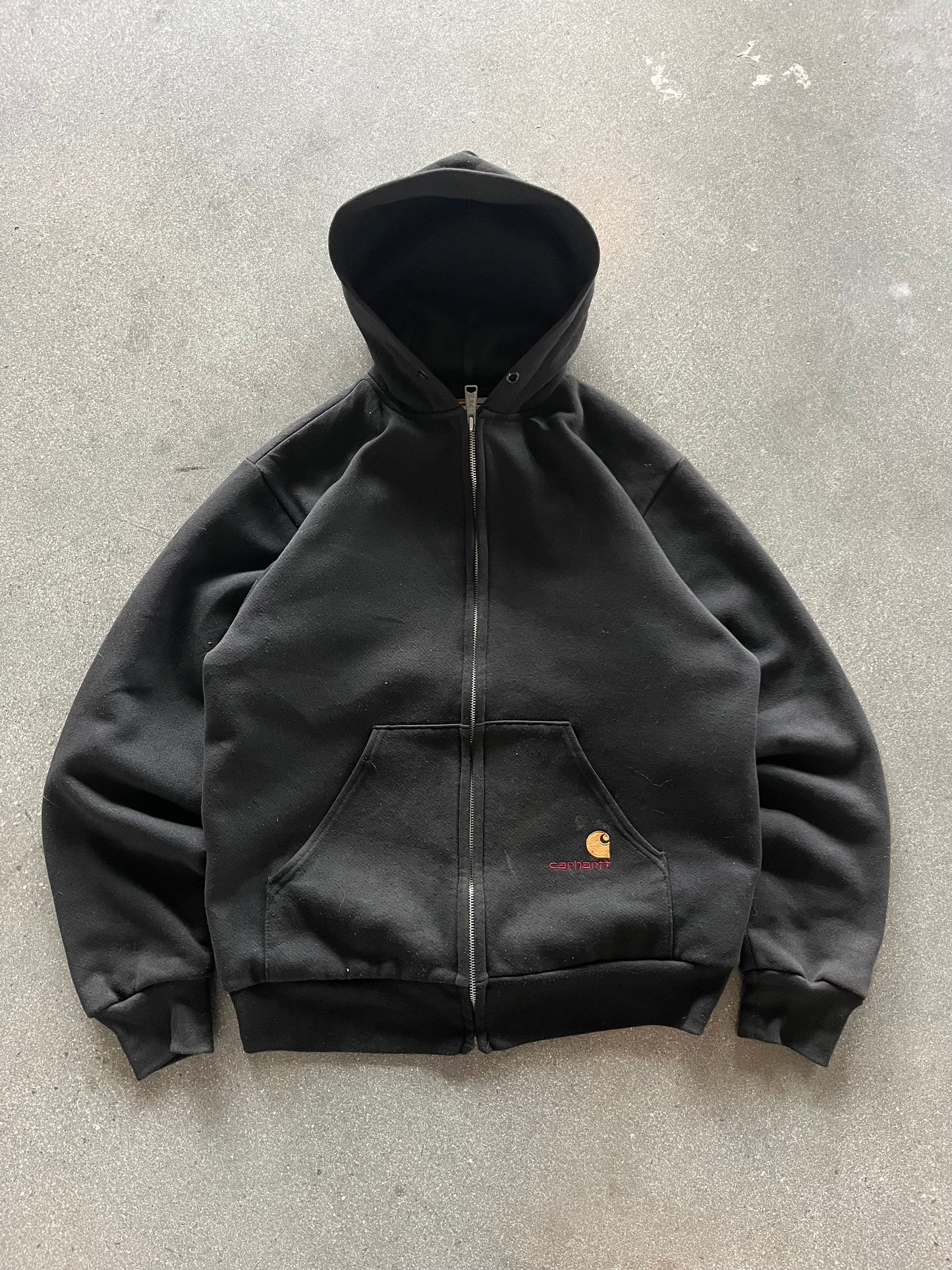 90’S JET BLACK WAFFLE LINED CARHARTT ZIP UP HOODIE - BOXY M/L