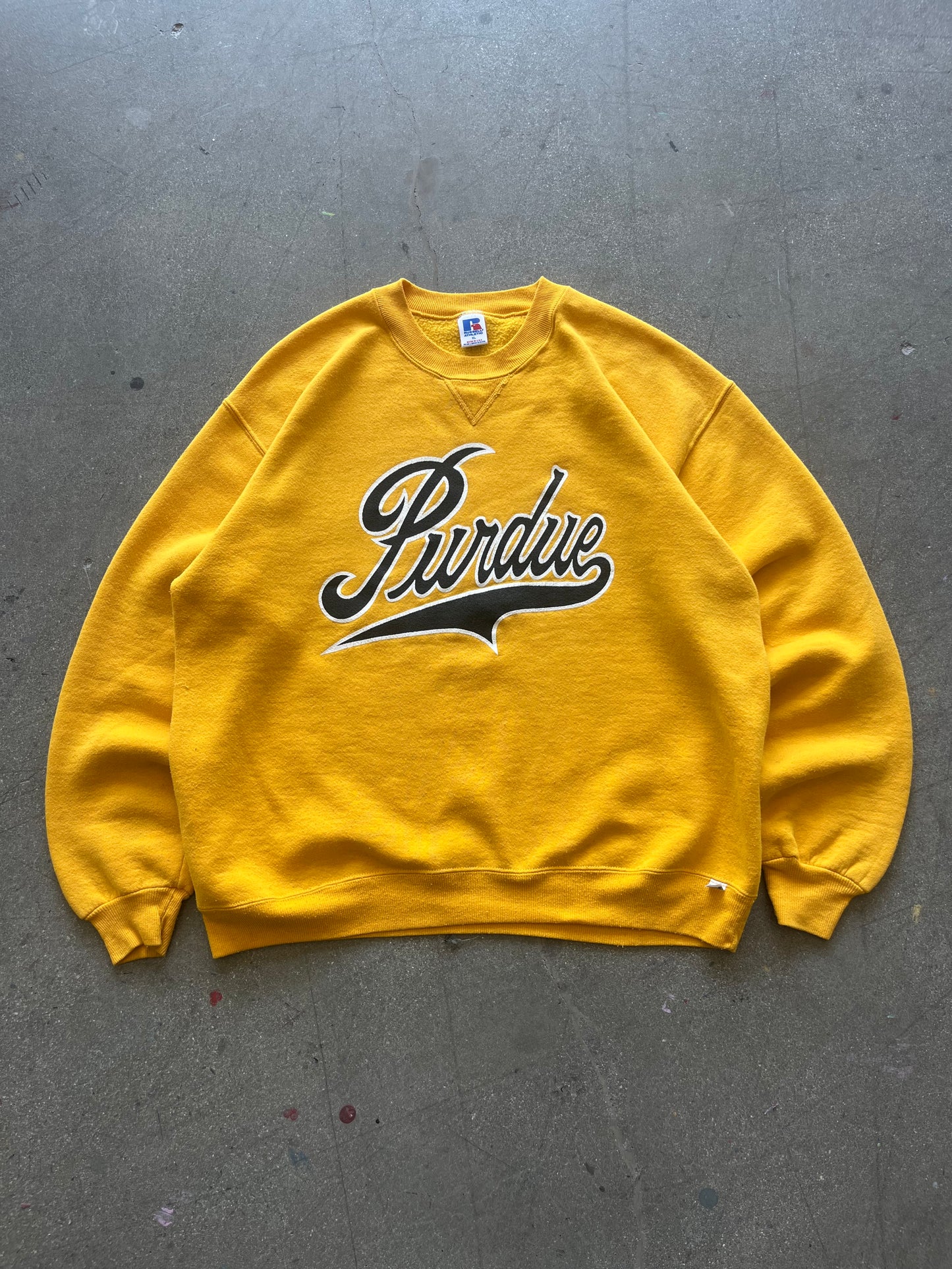 80’S YELLOW “PURDUE” RUSSELL ATHLETIC CREWNECK - BOXY L