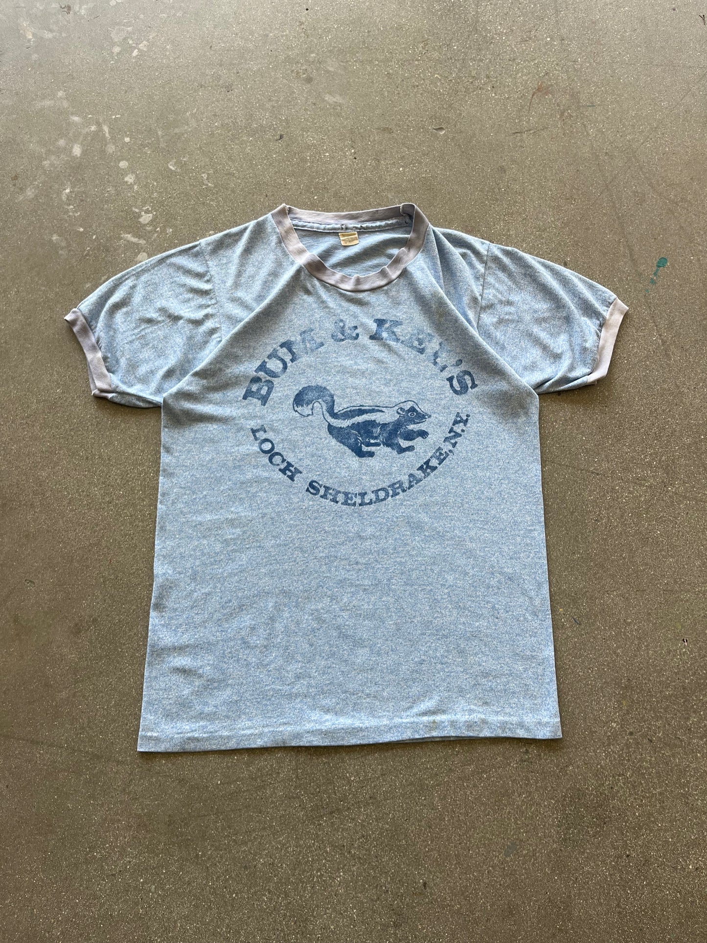 80’S FADED BLUE “BUM & KEI’S” RINGER TEE - M