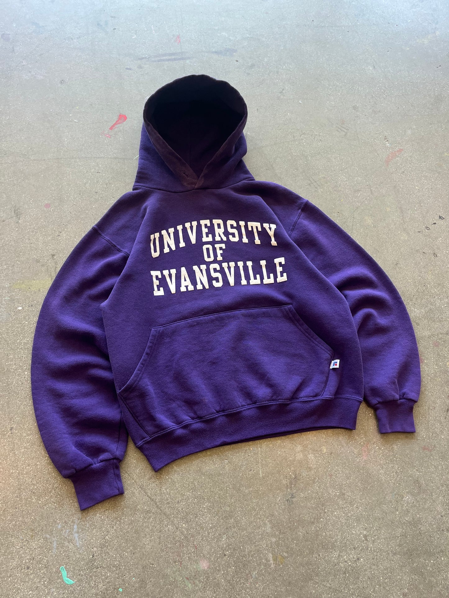 90’S GRAPE “UNIVERSITY OF EVANSVILLE” RUSSELL HOODIE - BOXY S/M