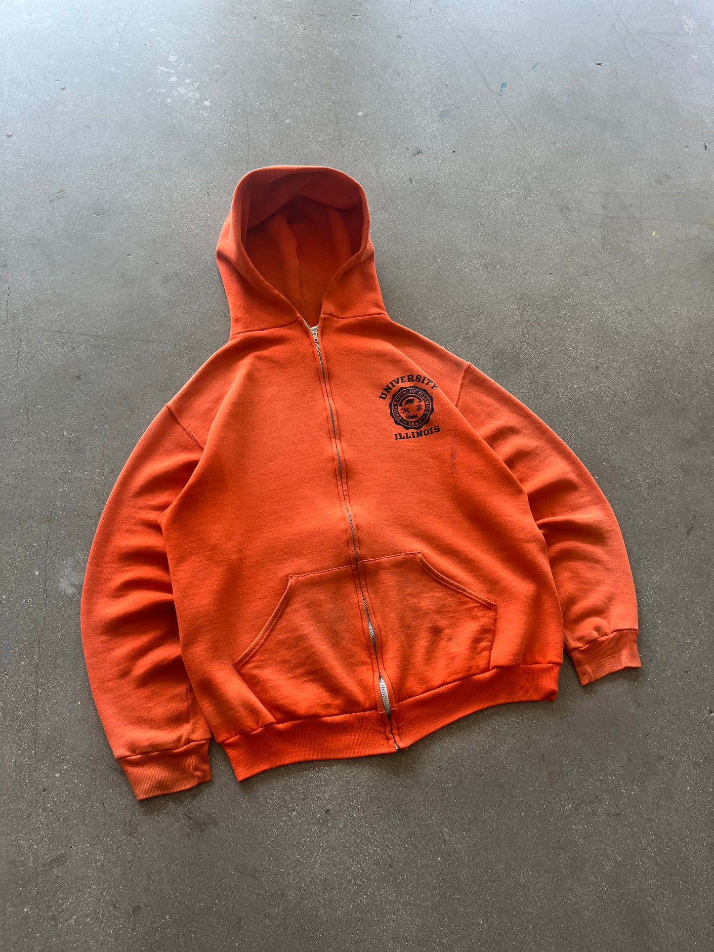 70’S FADED ORANGE “UNIVERSITY ILLINOIS” ZIP UP RUSSELL HOODIE - BOXY L