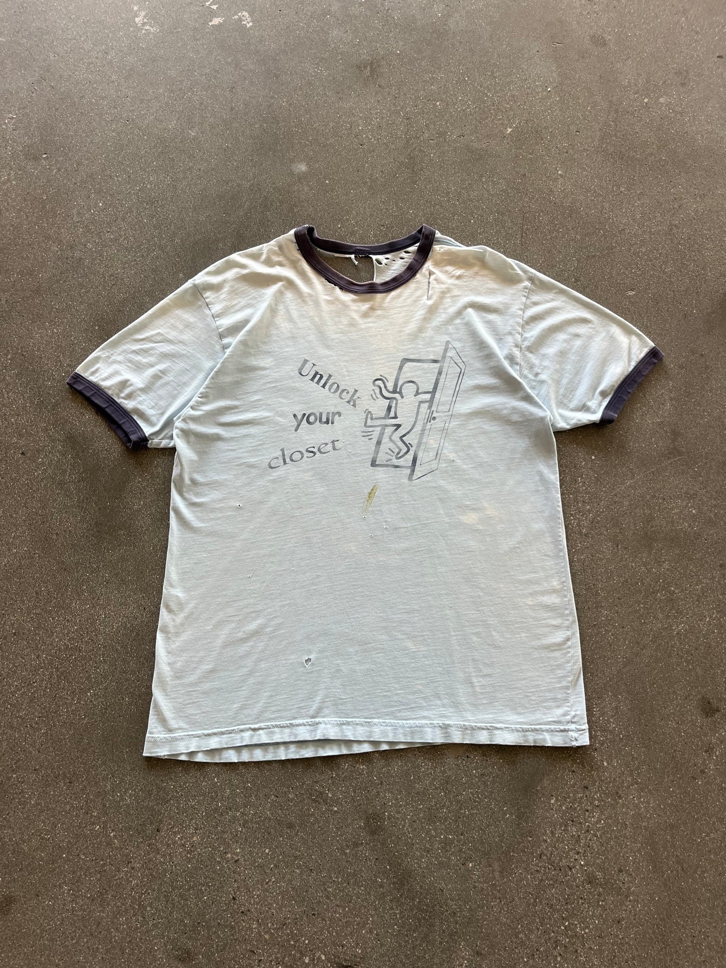 90’S THRASHED “UNLOCK YOUR CLOSET” RINGER TEE - M/L