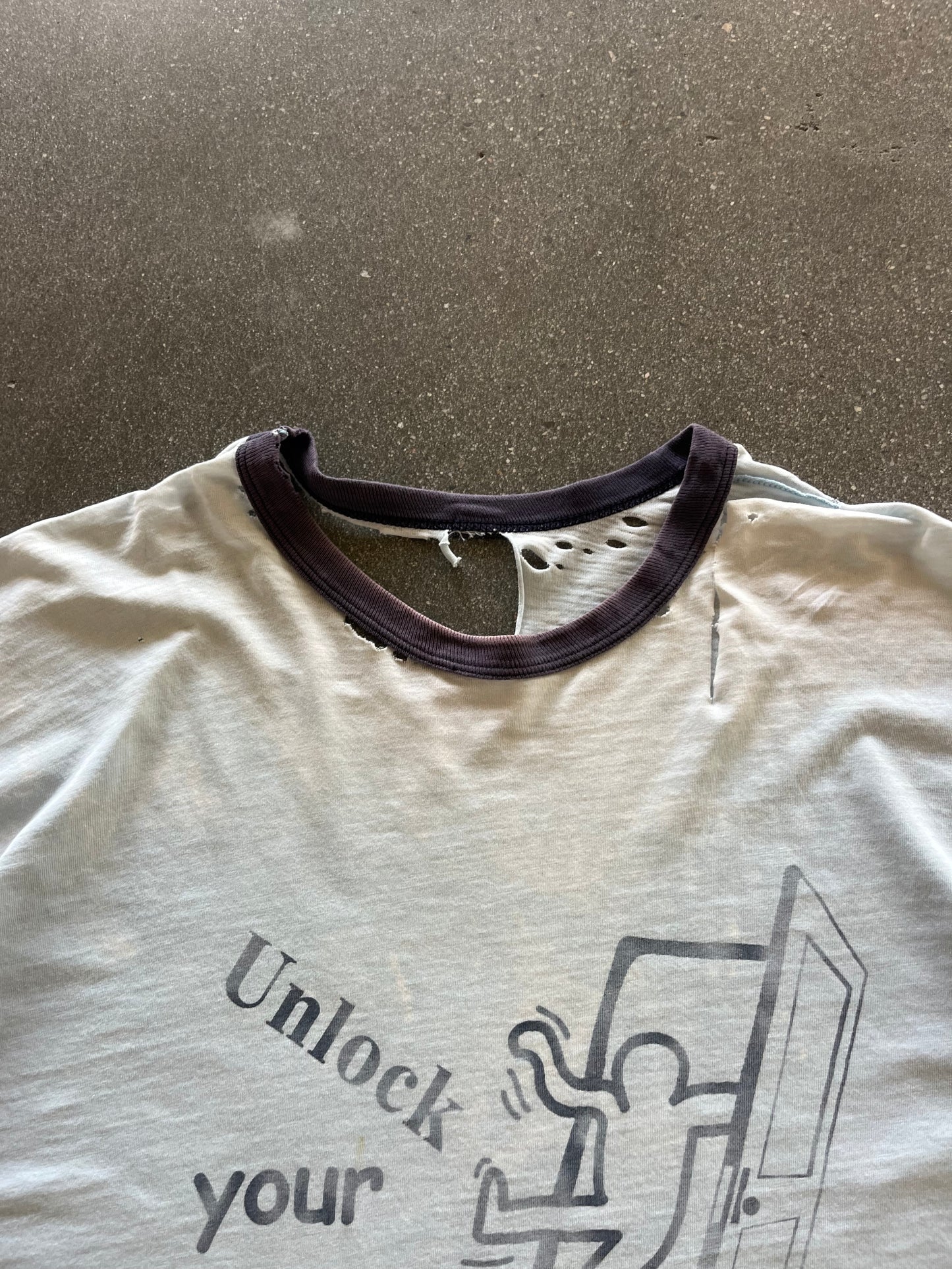 90’S THRASHED “UNLOCK YOUR CLOSET” RINGER TEE - M/L