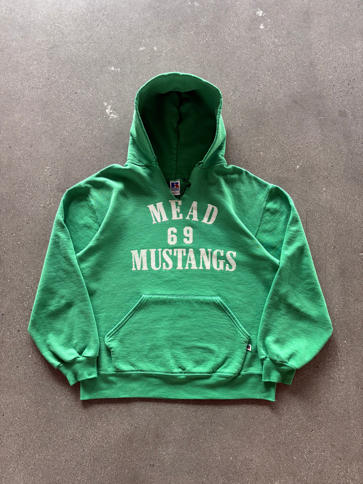 90’S GREEN “MEAD 69 MUSTANGS” RUSSELL HOODIE - L