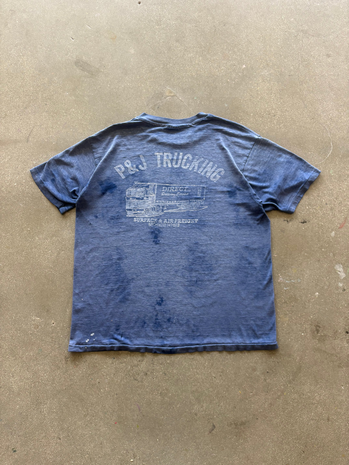 80’S SUNFADED NAVY “PJ’S TRUCKING” TEE - L