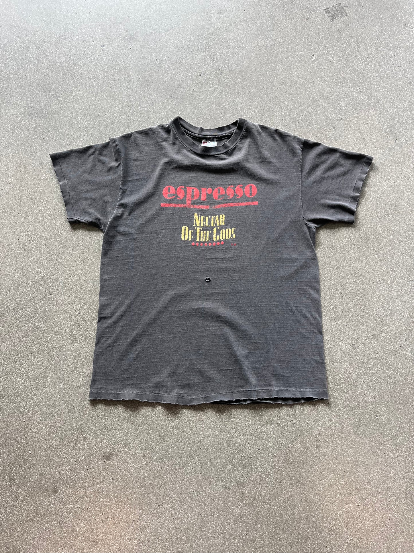 90’S FADED “ESPRESSO NECTAR OF THE GODS” DISTRESSED TEE - BOXY L
