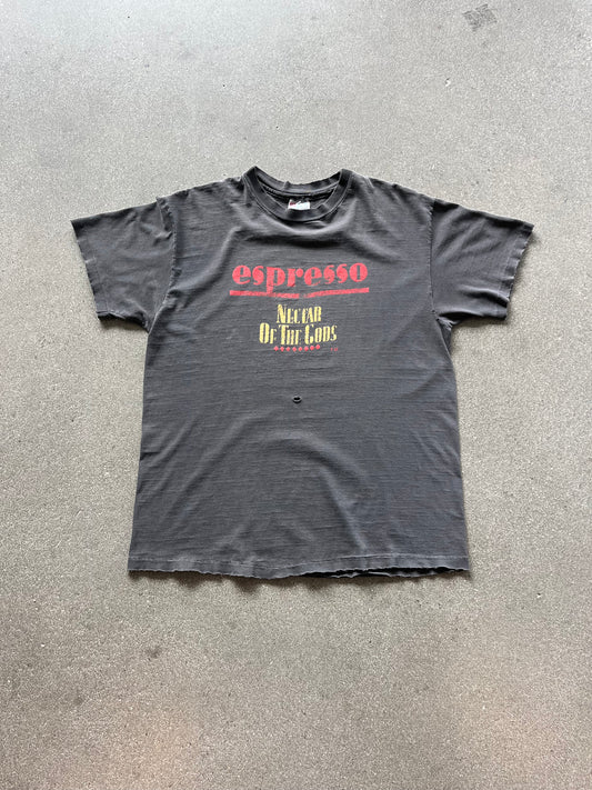 90’S FADED “ESPRESSO NECTAR OF THE GODS” DISTRESSED TEE - BOXY L
