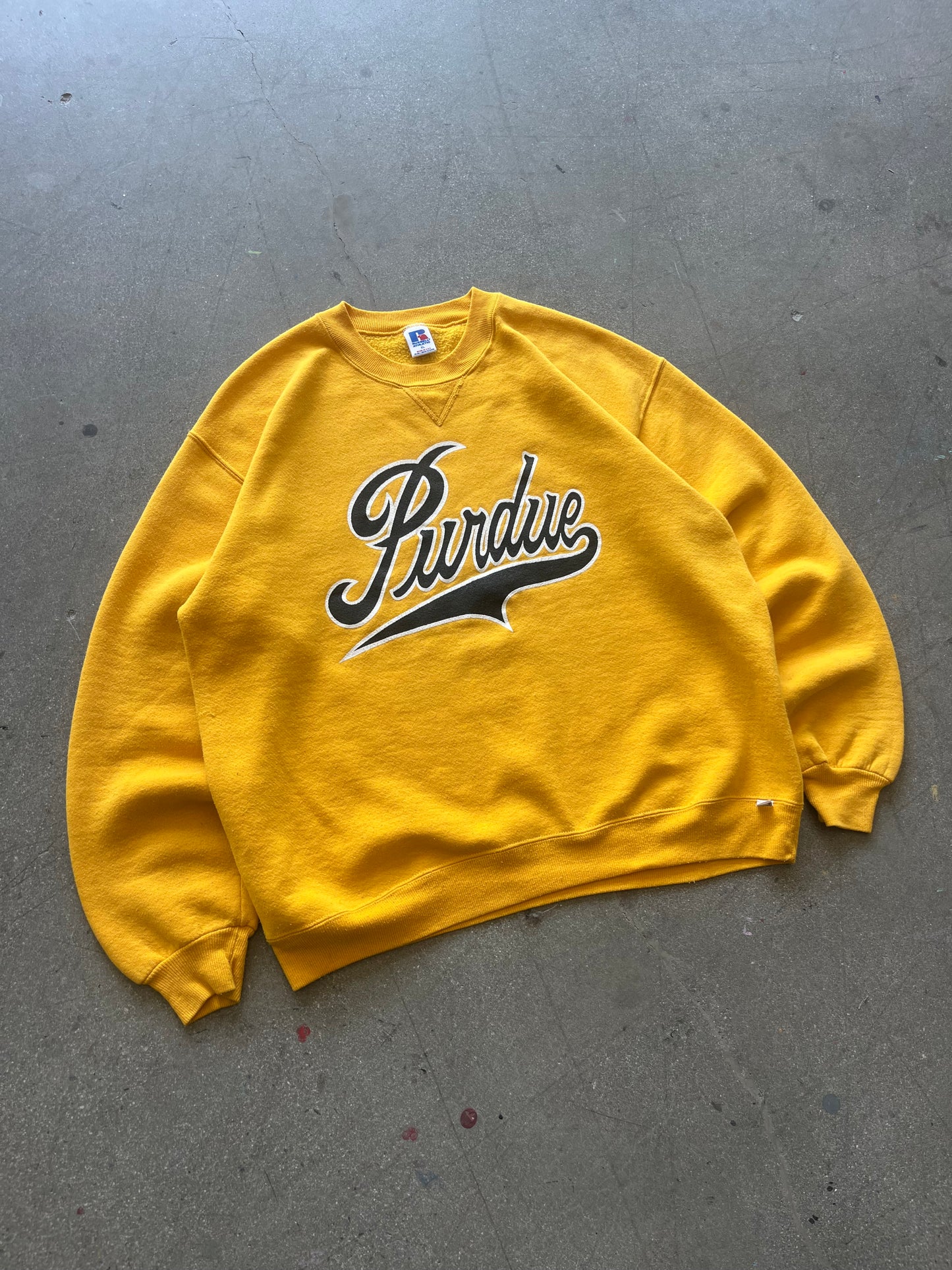 80’S YELLOW “PURDUE” RUSSELL ATHLETIC CREWNECK - BOXY L