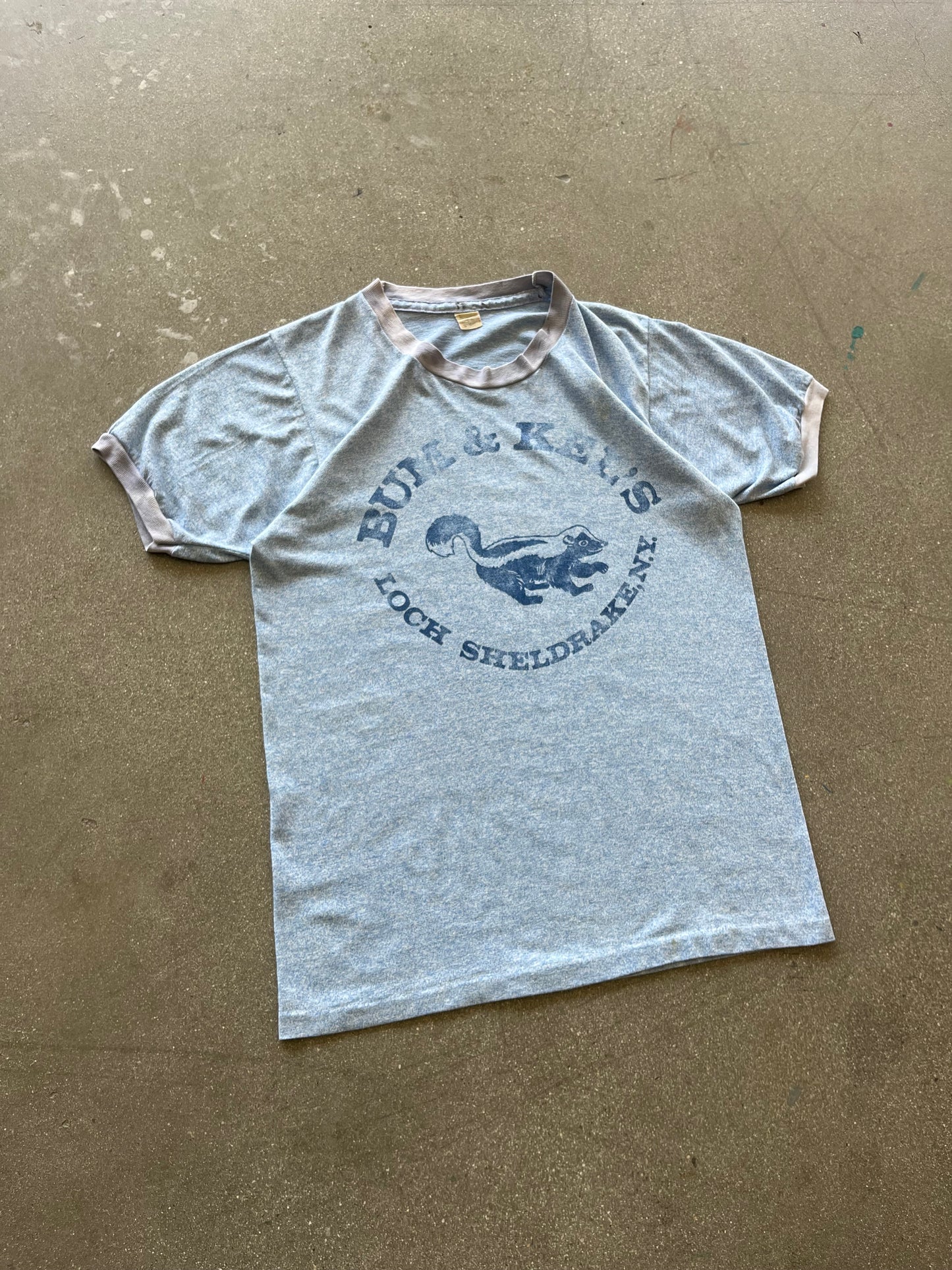 80’S FADED BLUE “BUM & KEI’S” RINGER TEE - M