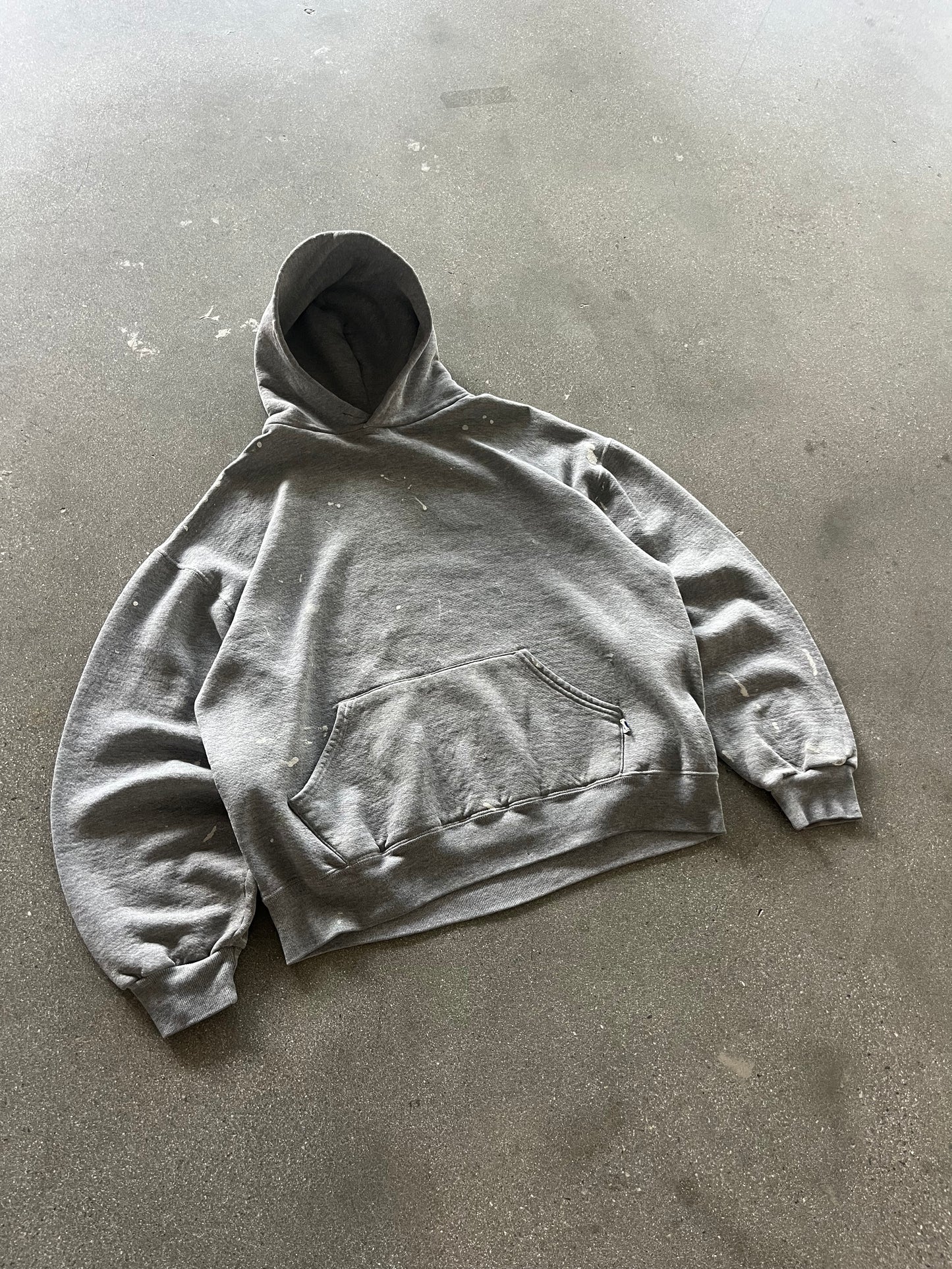 90’S PAINT SPLATTERED HEATHER GRAY RUSSELL HOODIE - BOXY L