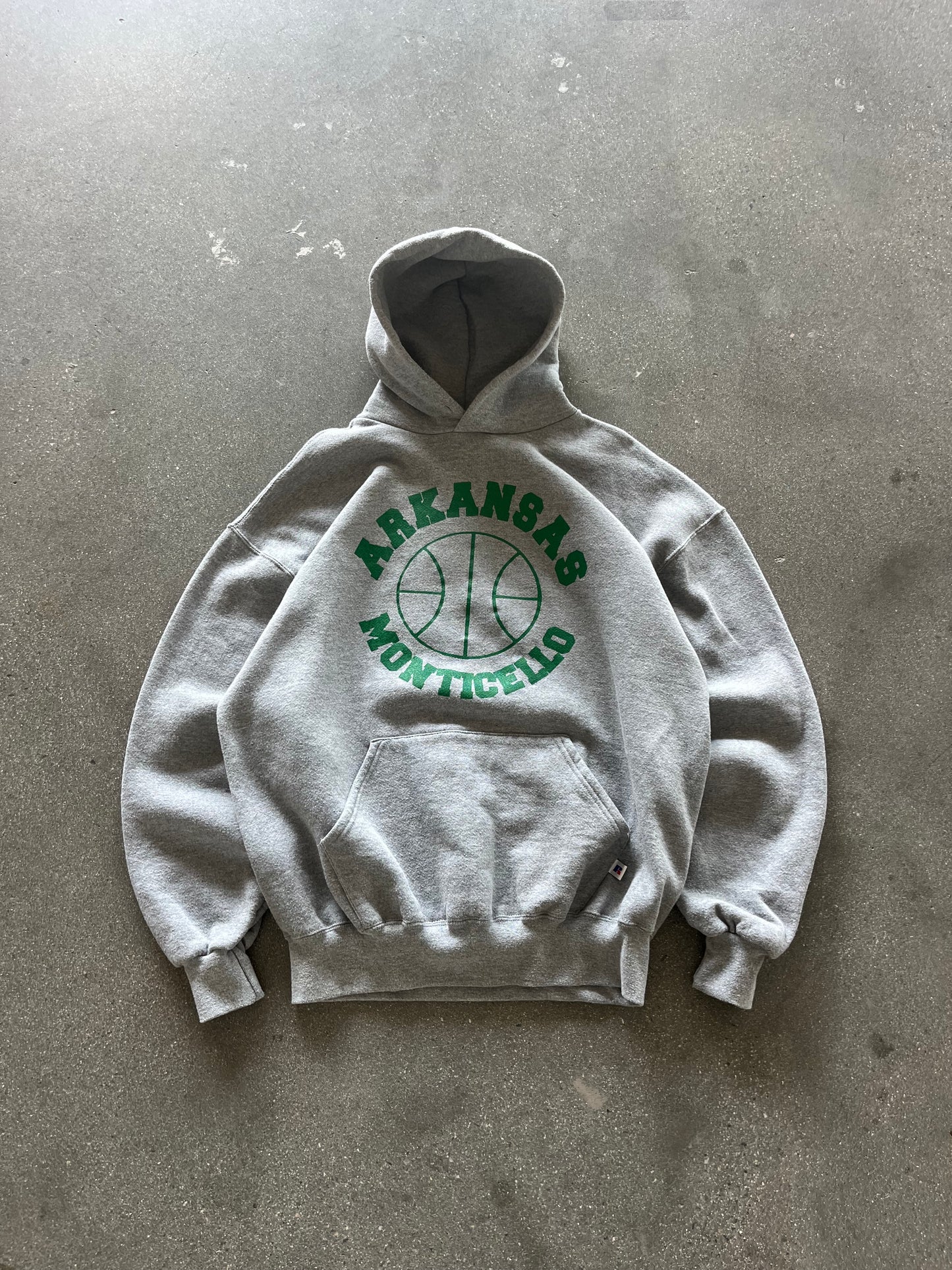 90’S HEATHER GRAY “ARKANSAS MONTCELLO” RUSSELL HOODIE - BOXY L/XL