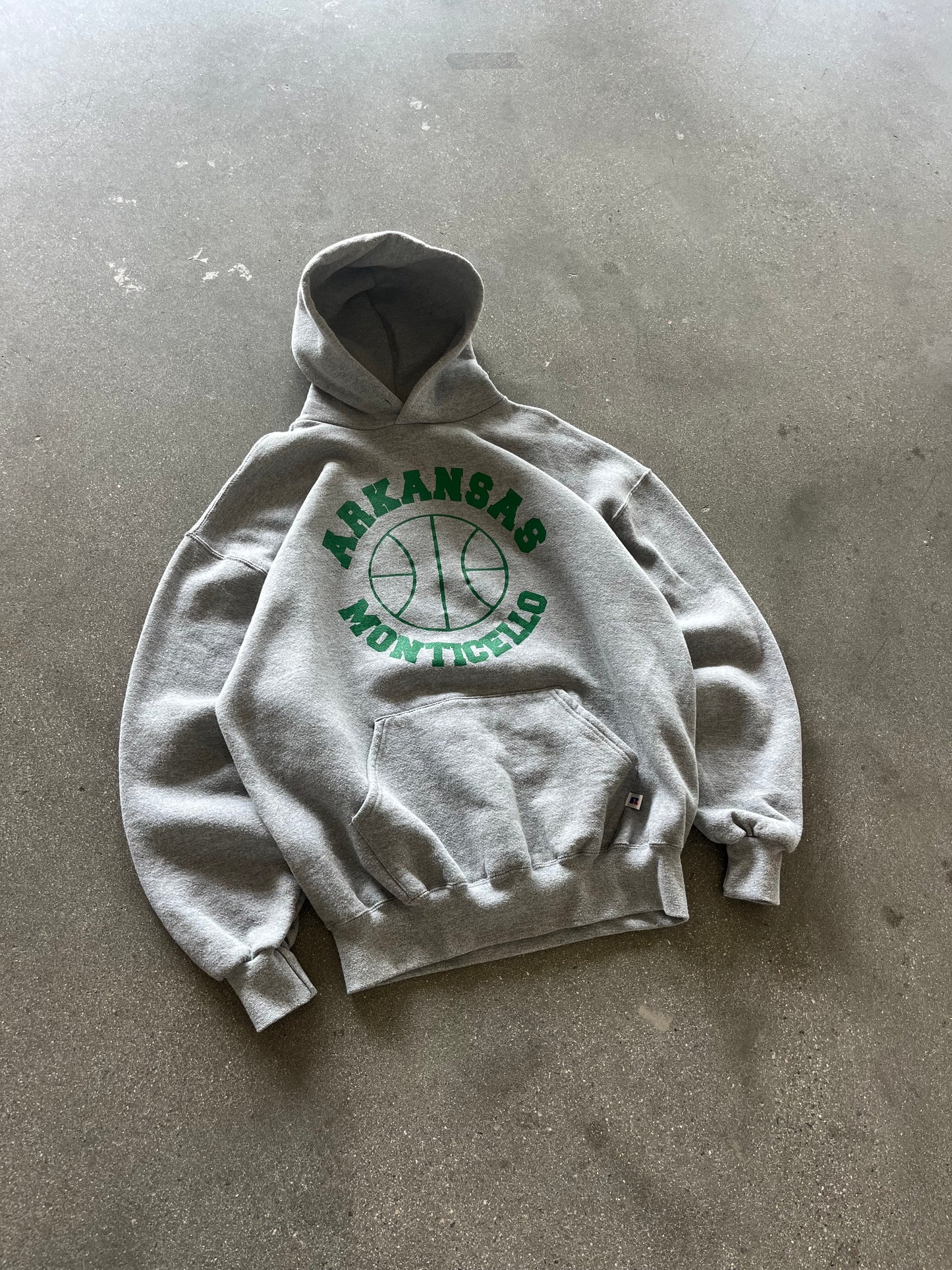90’S HEATHER GRAY “ARKANSAS MONTCELLO” RUSSELL HOODIE - BOXY L/XL