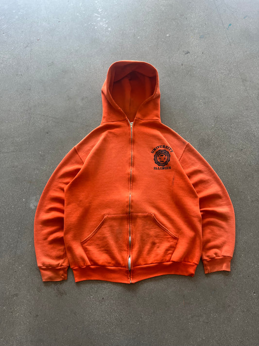 70’S FADED ORANGE “UNIVERSITY ILLINOIS” ZIP UP RUSSELL HOODIE - BOXY L