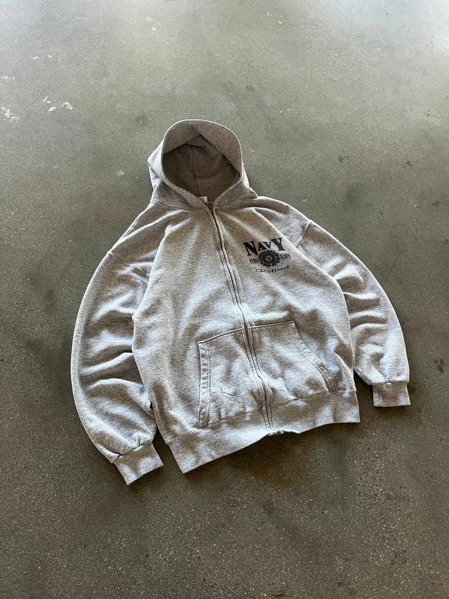 90’S HEATHER GRAY “ARMY RETIREMENT” ZIP UP - BOXY L
