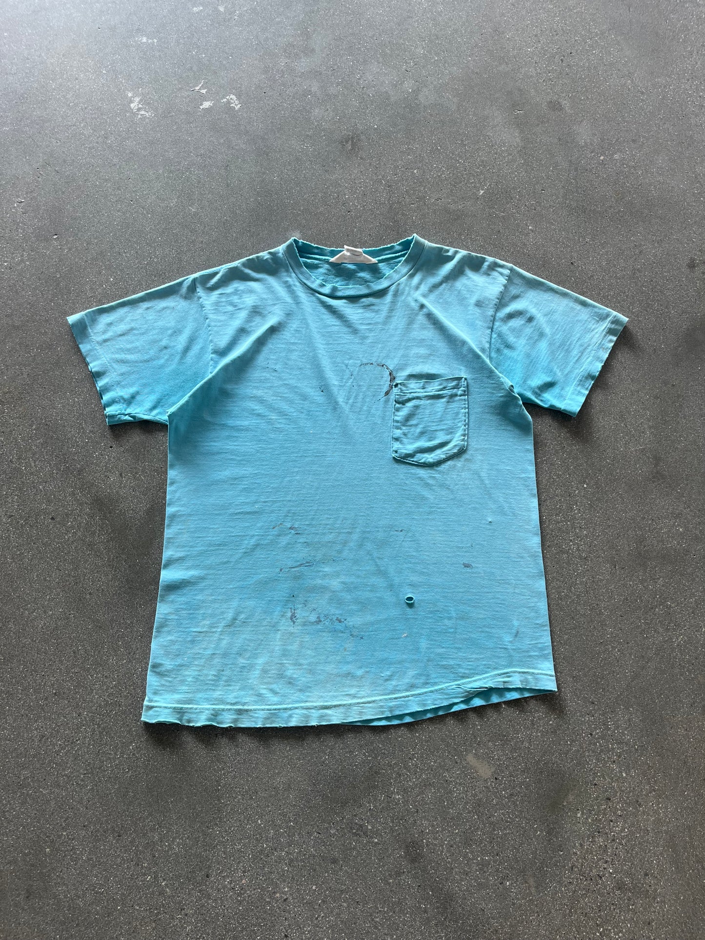70’S THRASHED AQUA SELVEDGE POCKET TEE - L