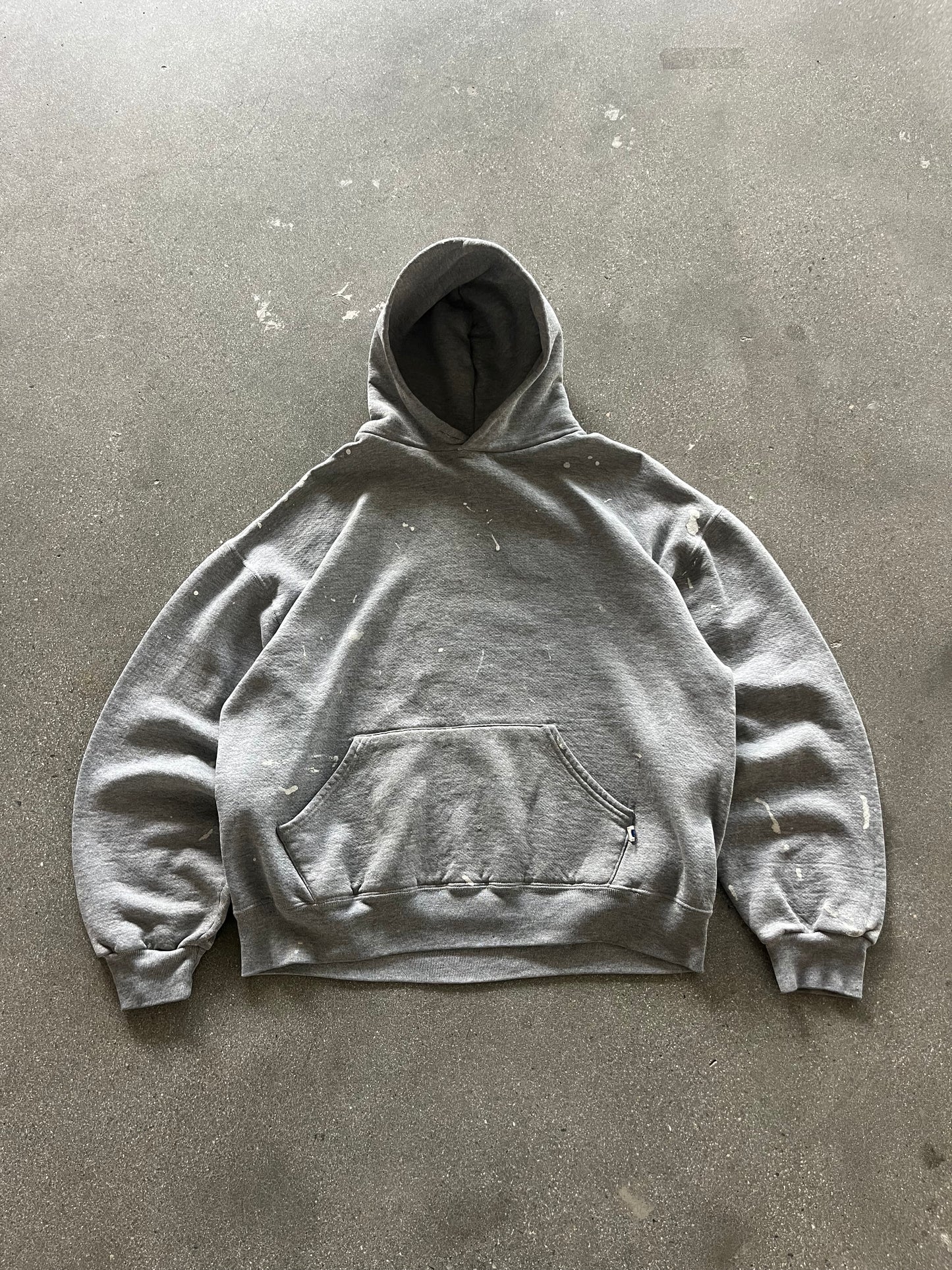 90’S PAINT SPLATTERED HEATHER GRAY RUSSELL HOODIE - BOXY L