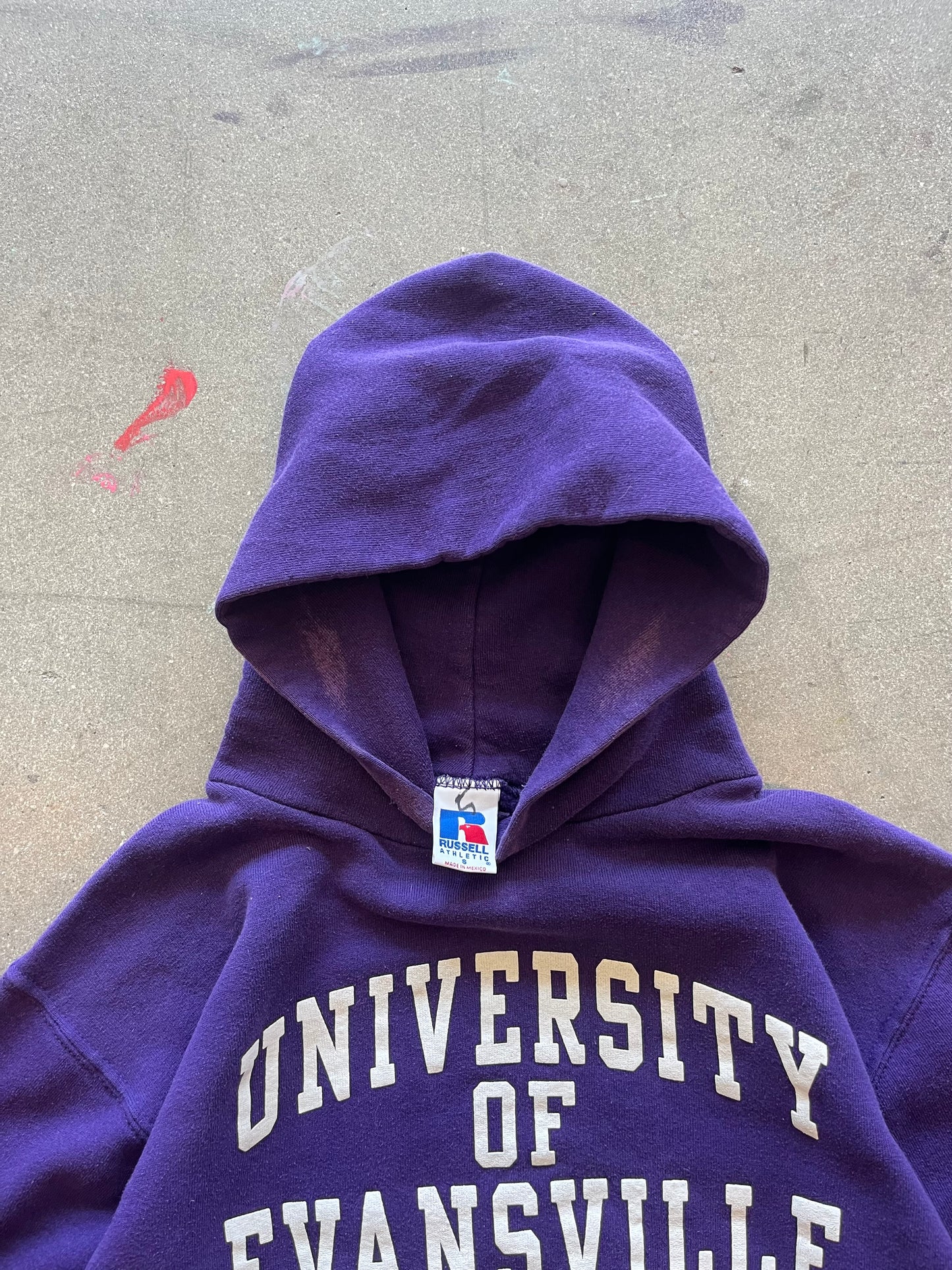 90’S GRAPE “UNIVERSITY OF EVANSVILLE” RUSSELL HOODIE - BOXY S/M