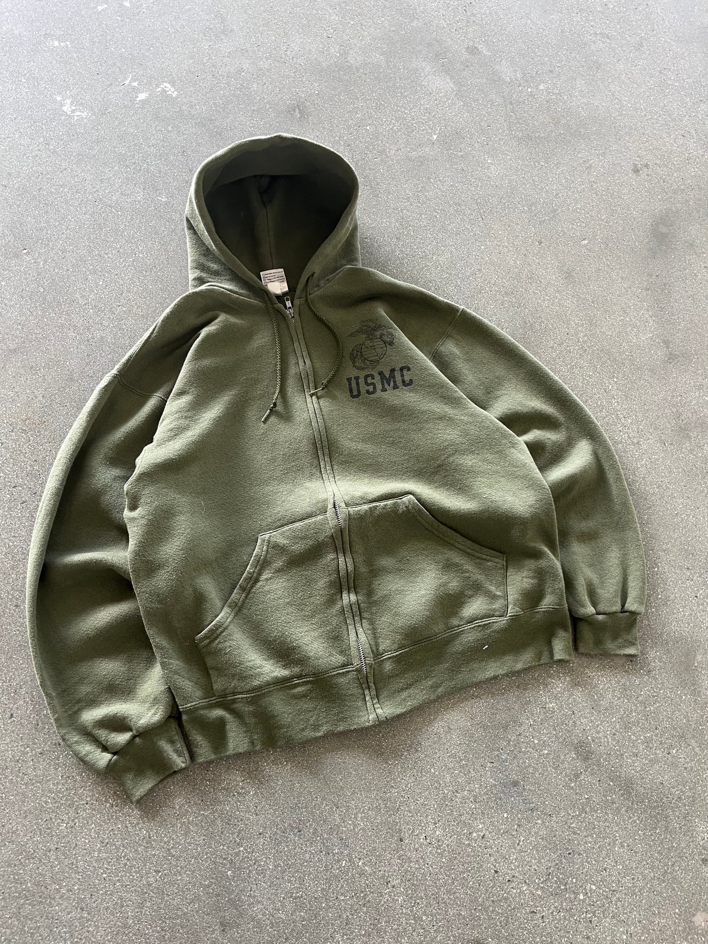 90’S MILITARY GREEN USMC ZIP UP HOODIE - BOXY L