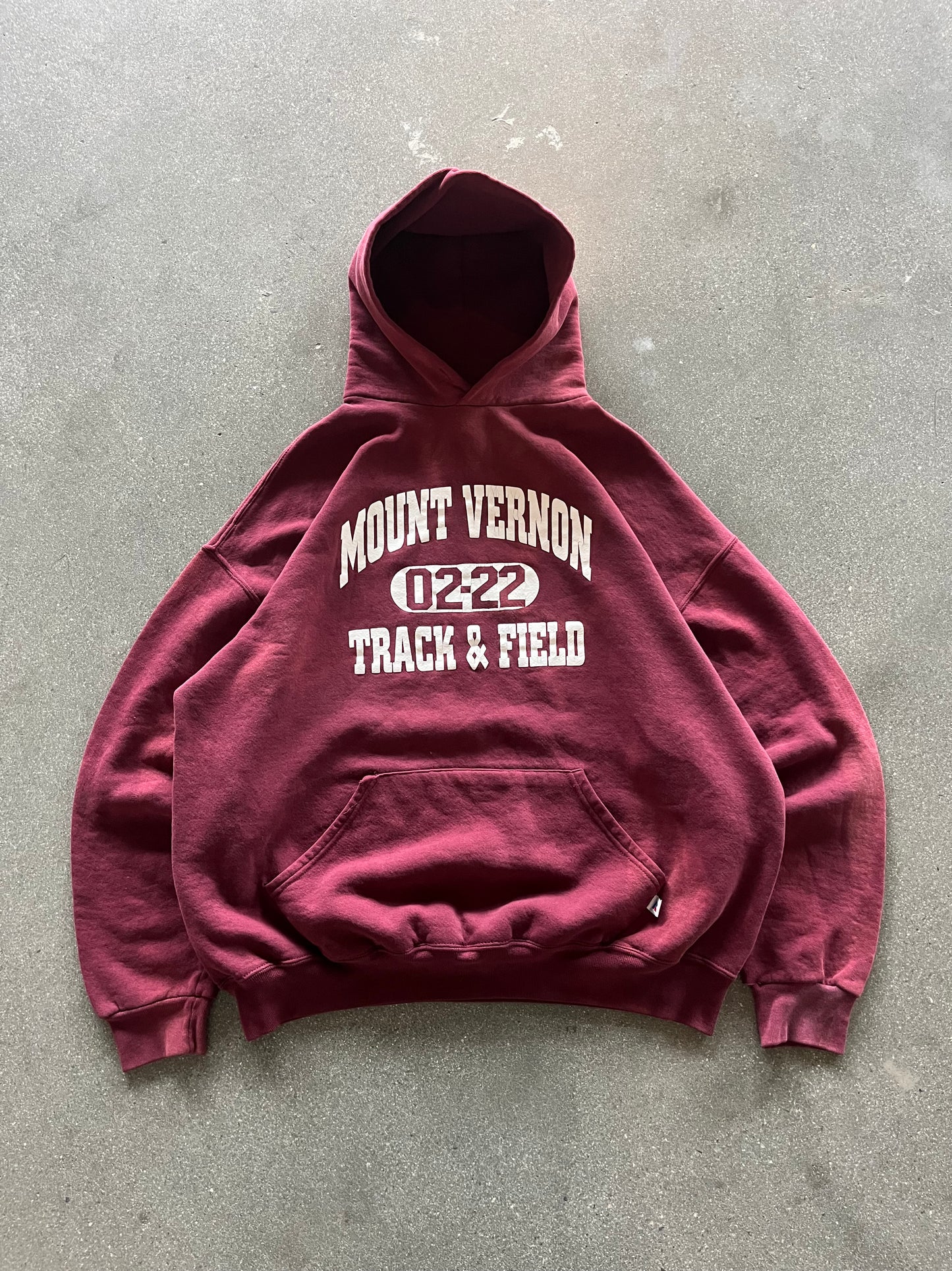 90’S SUNFADED CRANBERRY “MT. VERNON TRACK” RUSSELL HOODIE - BOXY XL