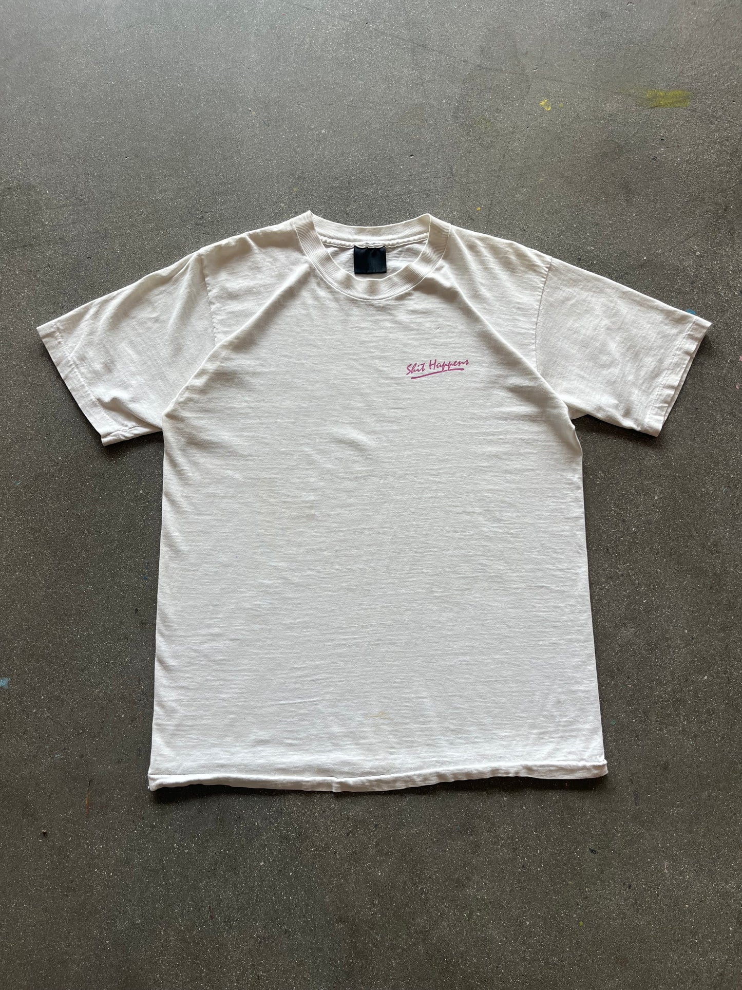 90’S WHITE “SHIT HAPPENS” TEE - M/L