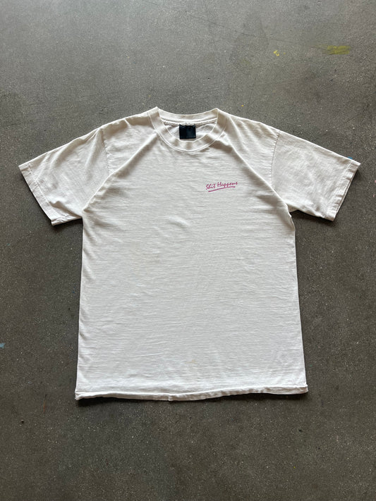 90’S WHITE “SHIT HAPPENS” TEE - M/L