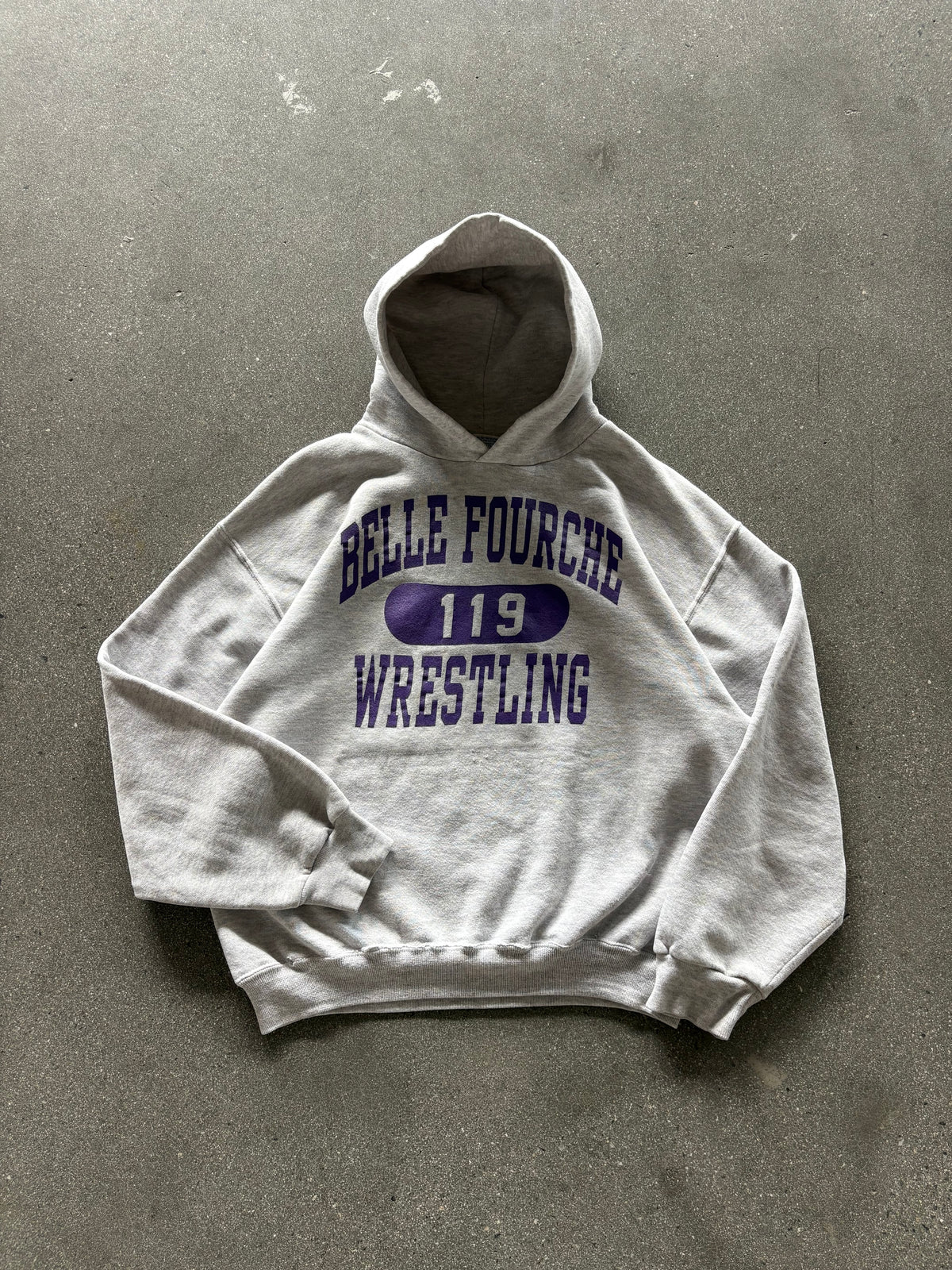 90’S HEATHER GRAY “BELLE FOURCHE WRESTLING” RUSSELL HOODIE - M