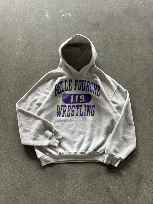 90’S HEATHER GRAY “BELLE FOURCHE WRESTLING” RUSSELL HOODIE - M