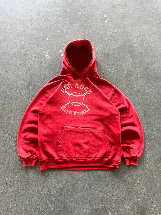 80’S SUNFADED RED “FAR ROCK SOFTBALL” RUSSELL HOODIE - M/L